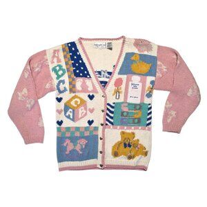 Vtg Eagles Eye Johnson Baby Powder Cardigan Sweater Womens Medium Novelty Unique